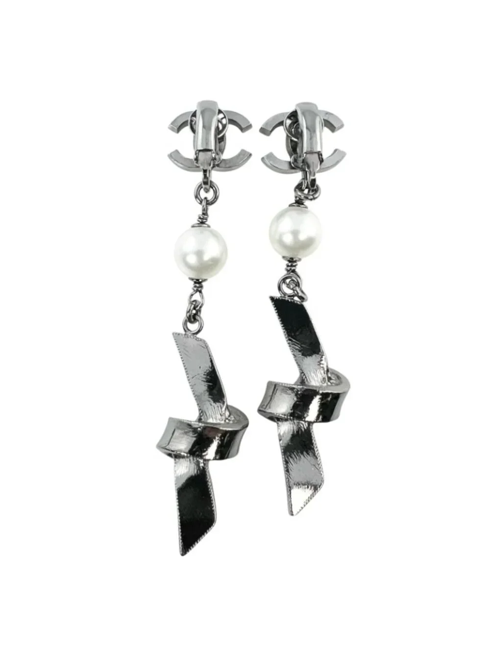 Chanel CC Logo Ribbon Motif Metal Faux Pearl Silver Earrings